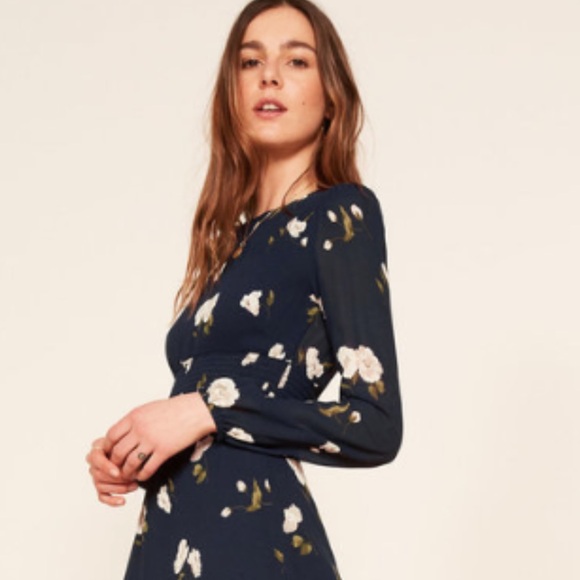 Reformation Navy Floral Long Sleeve Dress. - Picture 7 of 11